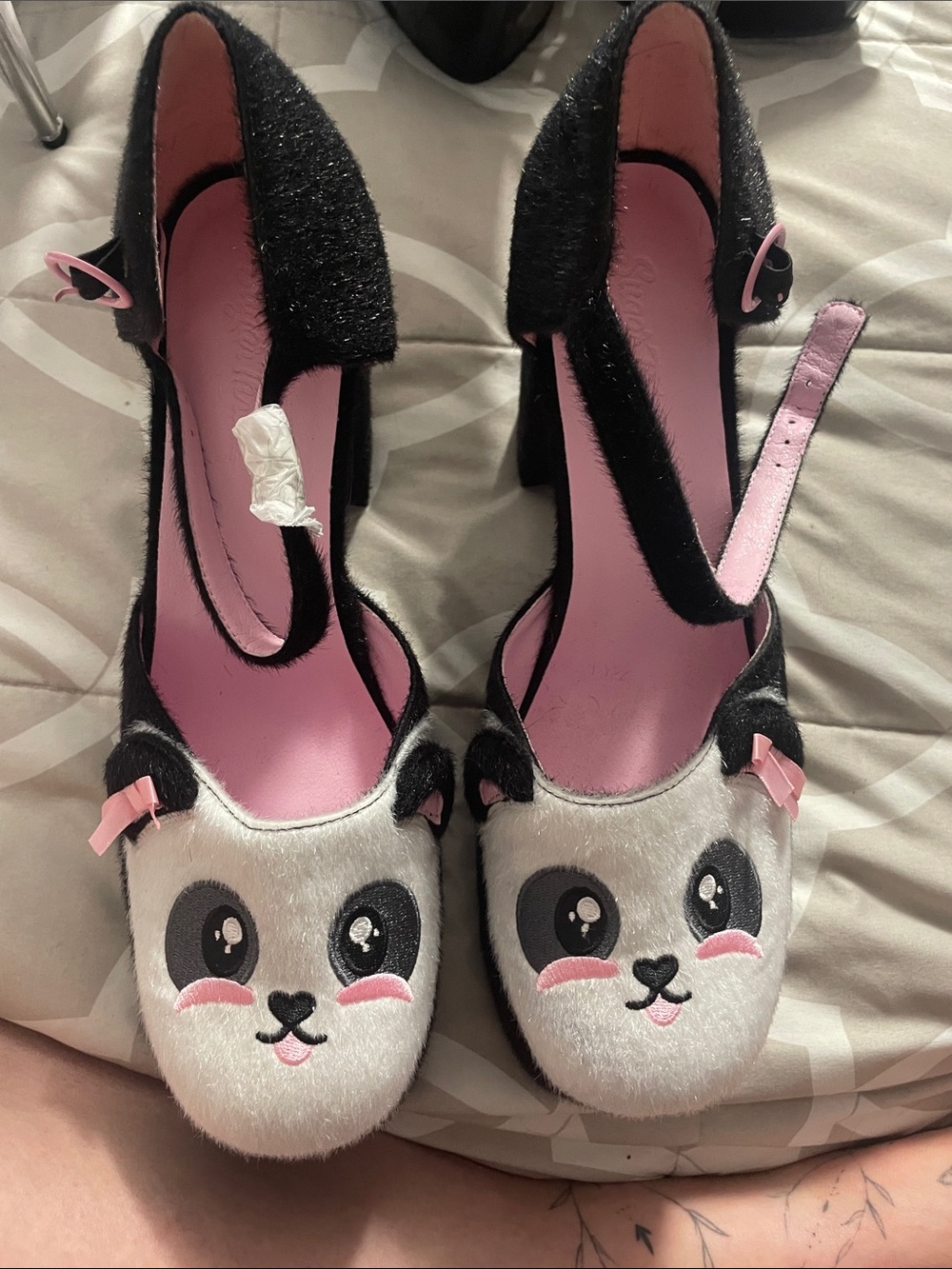 Sugar Thrillz Black and Pink Panda Mary Jane Heels with White Panda Faces
